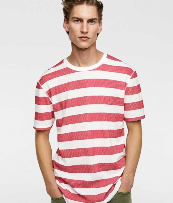 Classic Over Sized White With Pink Lines Round Neck T Shirt